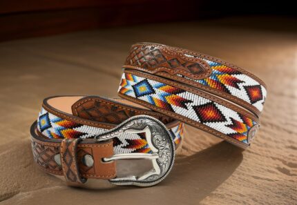 Handcrafted Genuine Leather Belt with Tribal Beadwork & Engraved Silver Buckle